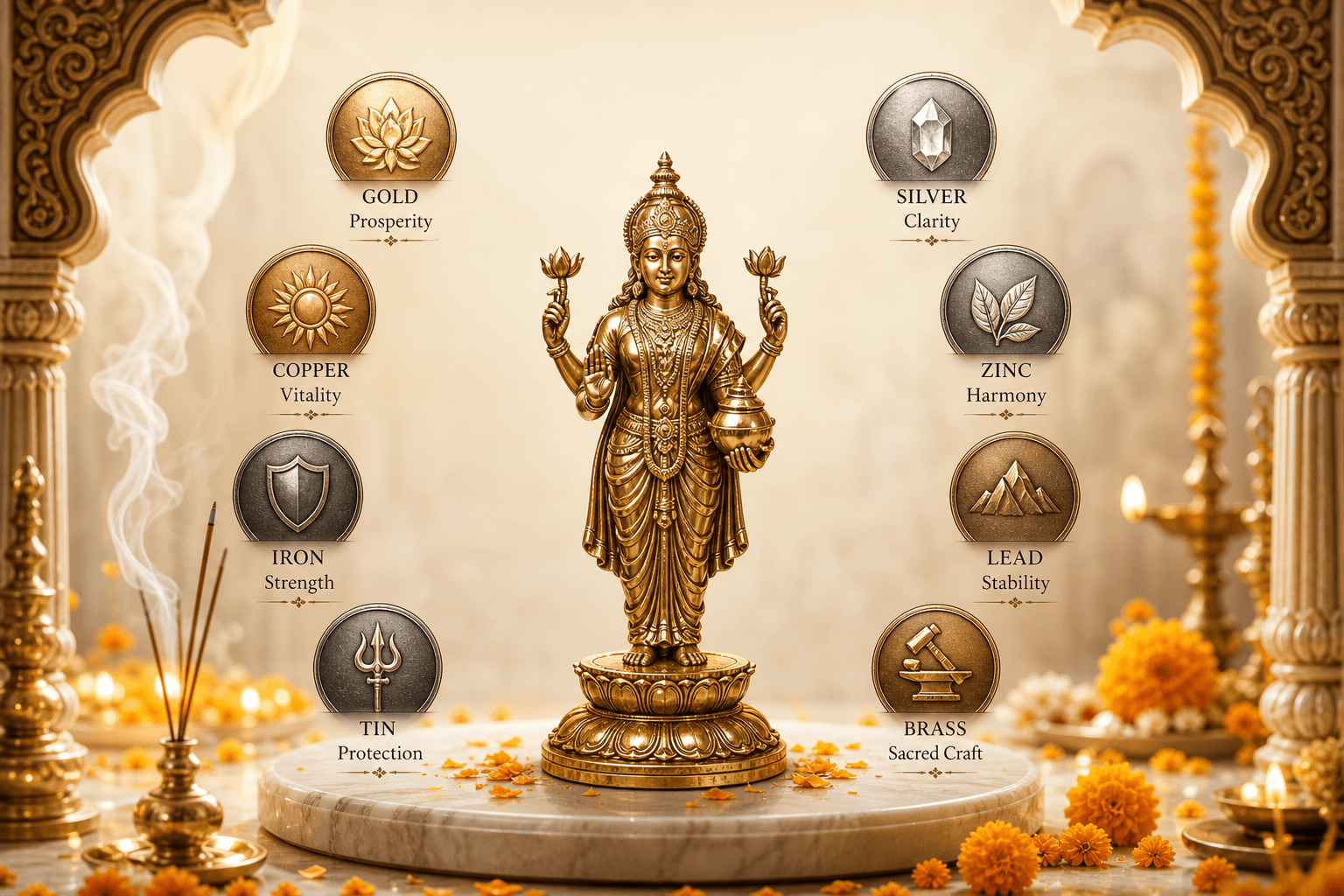 Ashtadhatu benefits — eight sacred metals around a temple murti