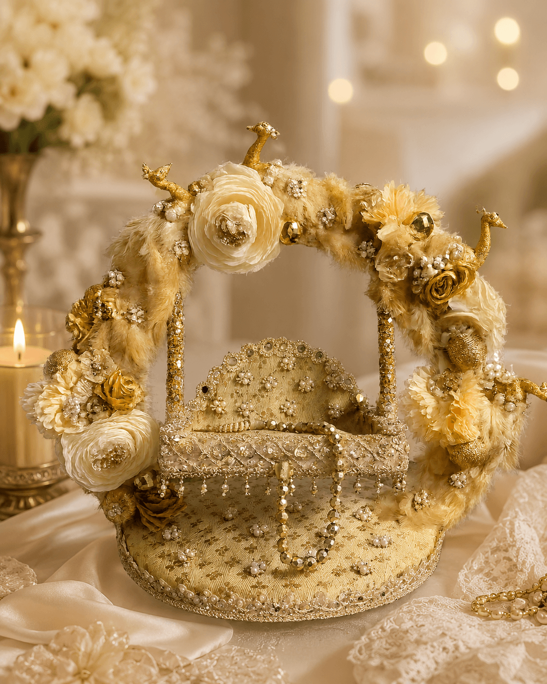 Handcrafted golden Floral Laddu Gopal Jhula with Peacock & Feather Decoration