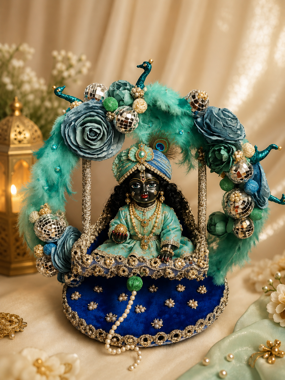 Handcrafted blueFloral Laddu Gopal Jhula with Peacock & Feather Decoration — 2